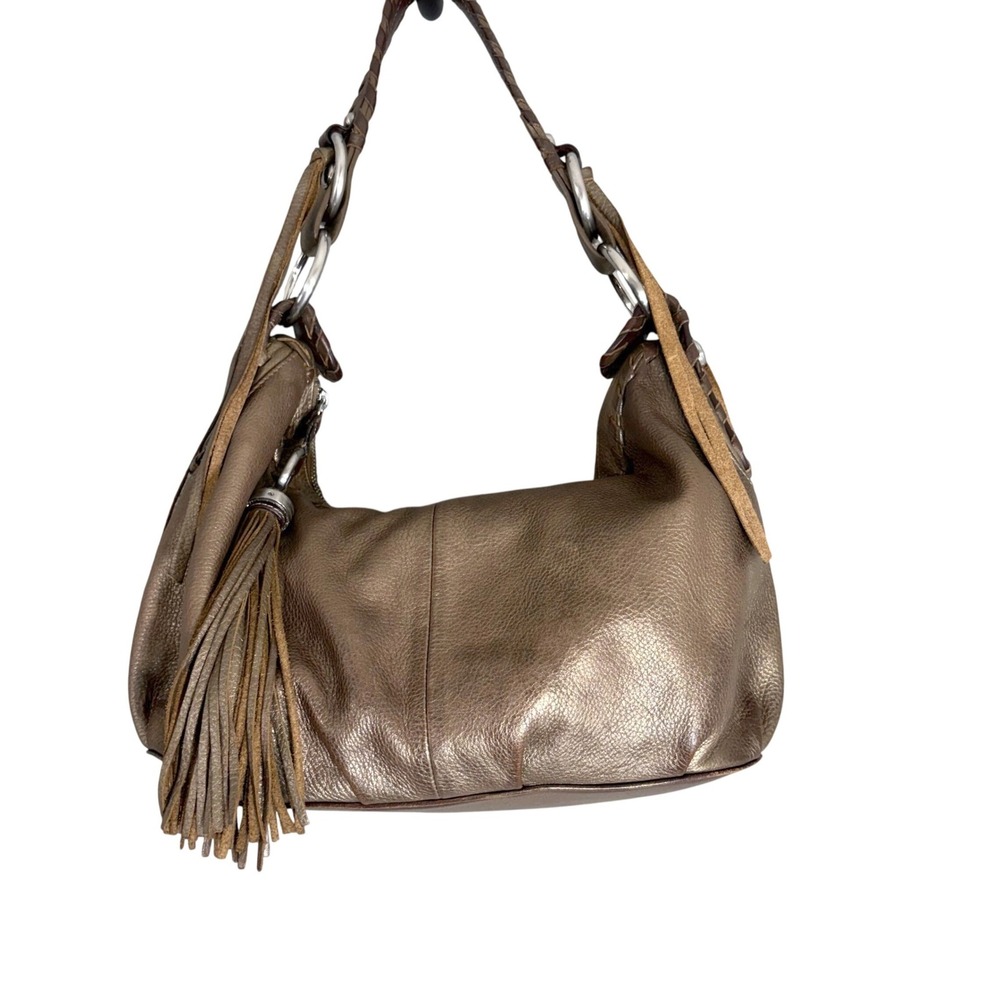 B Makowsky Metallic Bronze Leather Hobo Bag Whipstitch Tassel Fringe